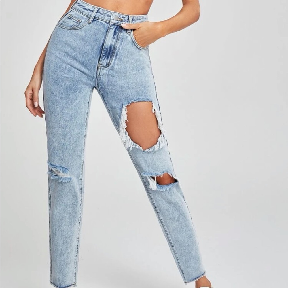 Distressed acid wash ripped jeans never worn blue